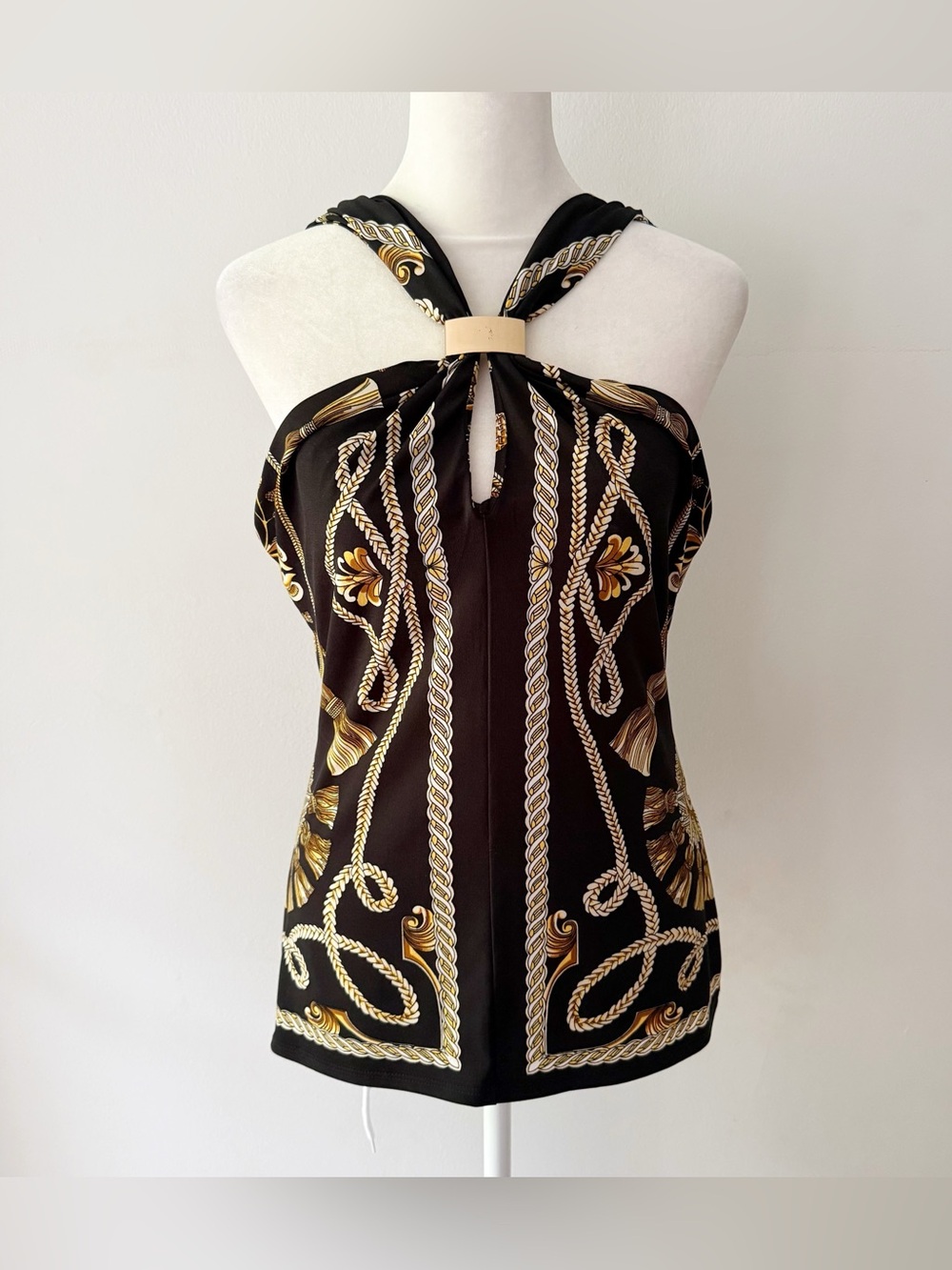 Vintage Cache 90s Women Halter Tassel Equestrian Gold Chain Top Medium Y2K Retro